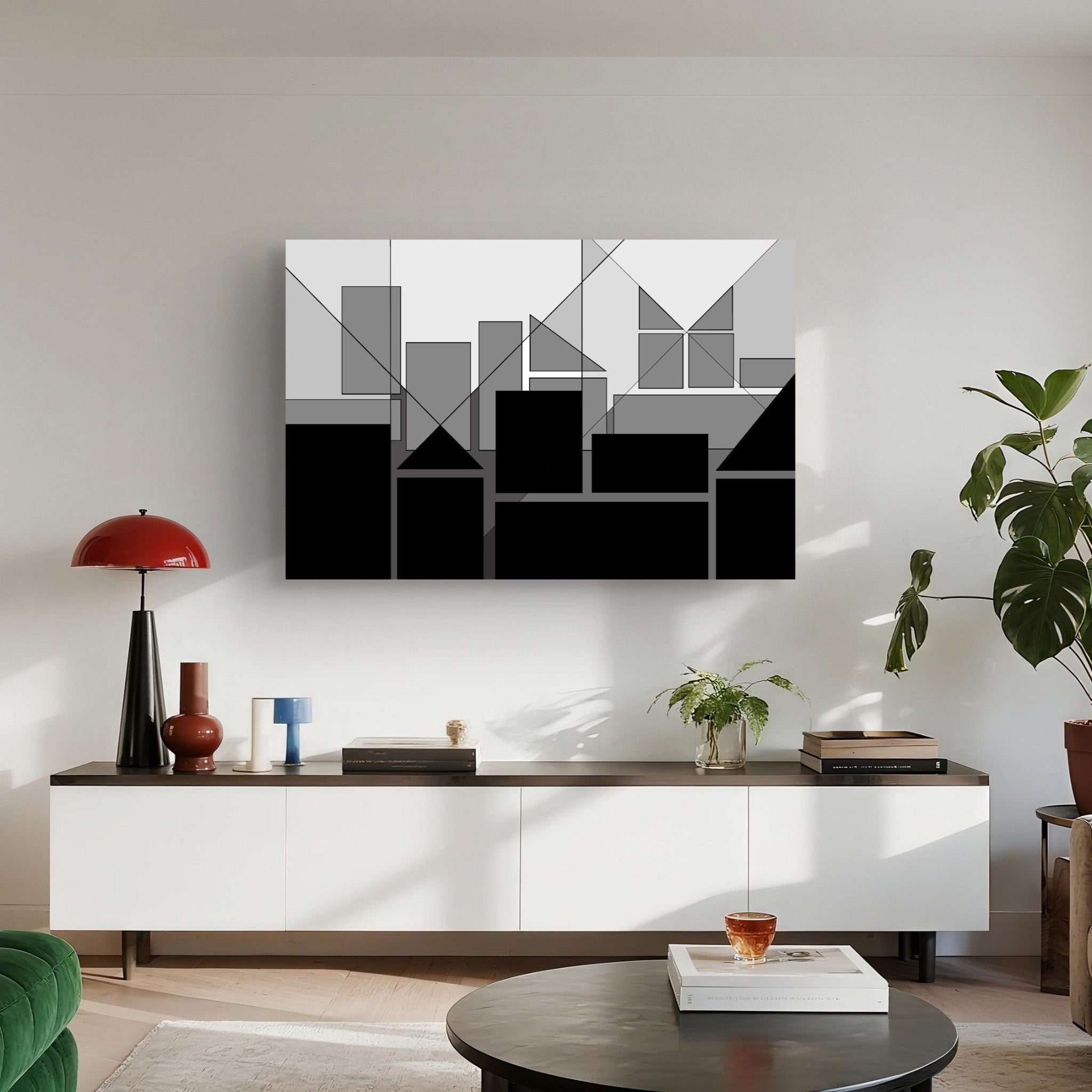 Modern living room with white cabinet, and decorative item with a feature wall formed by a large abstract urban artwork